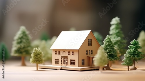 Miniature wooden house on a construction plan. Real estate, building development and property investment concept.