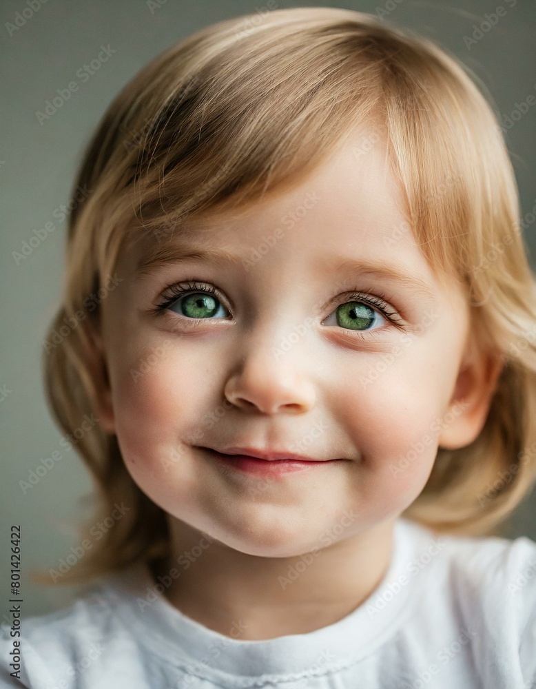 Closeup portrait of an adorable little Caucasian baby girl. Looking at the camera with big green eyes, blonde hair, white clothes, and smiling