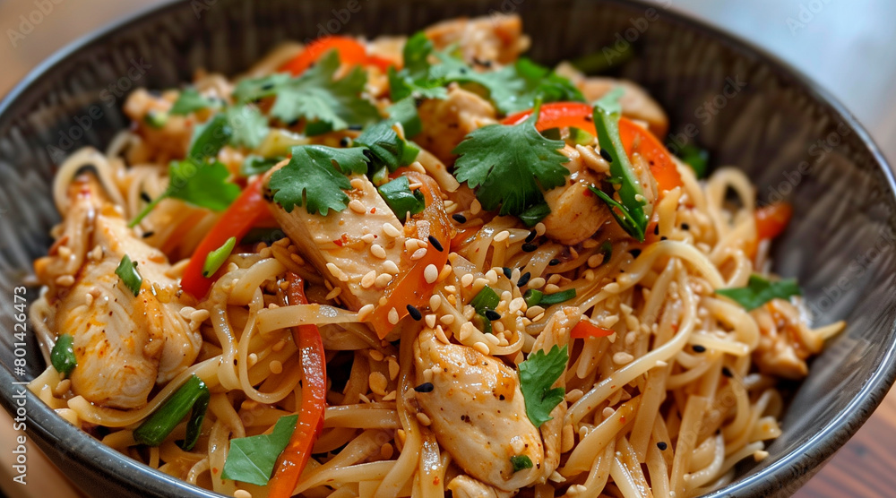 chicken pad thai noodles. asian chicken pad thai noodles. asian