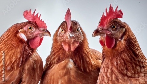 portrait of three chickens isolated on white background