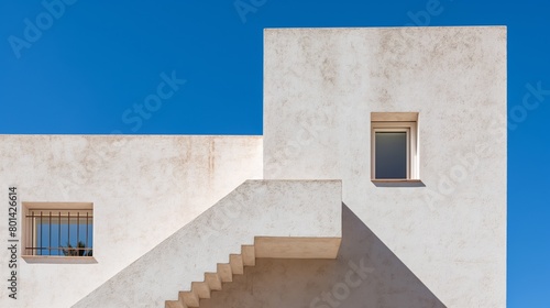 A white modern building with clean lines and balconies, against a clear blue sky. An architectural shot embodying urban design and modernity.