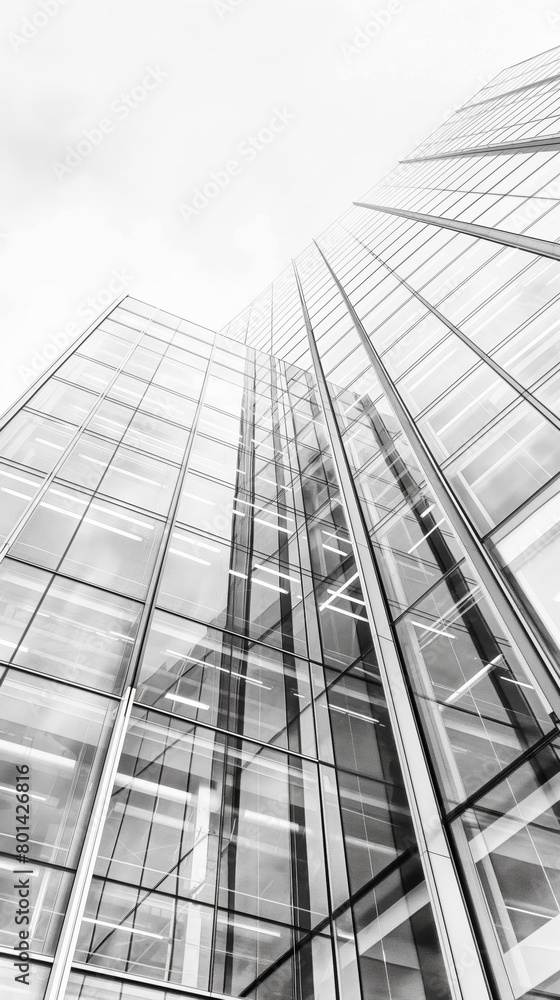 Tall glass building in a minimalistic style, reflecting the sky. Architectural shot focusing on sleek design and clean lines. Suitable for design for print, poster, and postcard Tall glass building in a minimalistic style, reflecting the sky. Architectural shot focusing on sleek design and clean lines. Suitable for design for print, poster, and postcard
