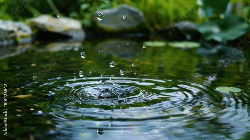 Serene Ripples: A Captivating Moment of Raindrops Dancing on a Tranquil Pond