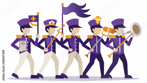 School Spirit The marching band representing their high school with their school name and logo proudly displayed on their uniforms and instruments.. Vector illustration