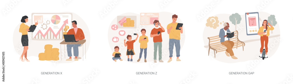 Society development isolated concept vector illustration set. Society development isolated concept vector illustration set.