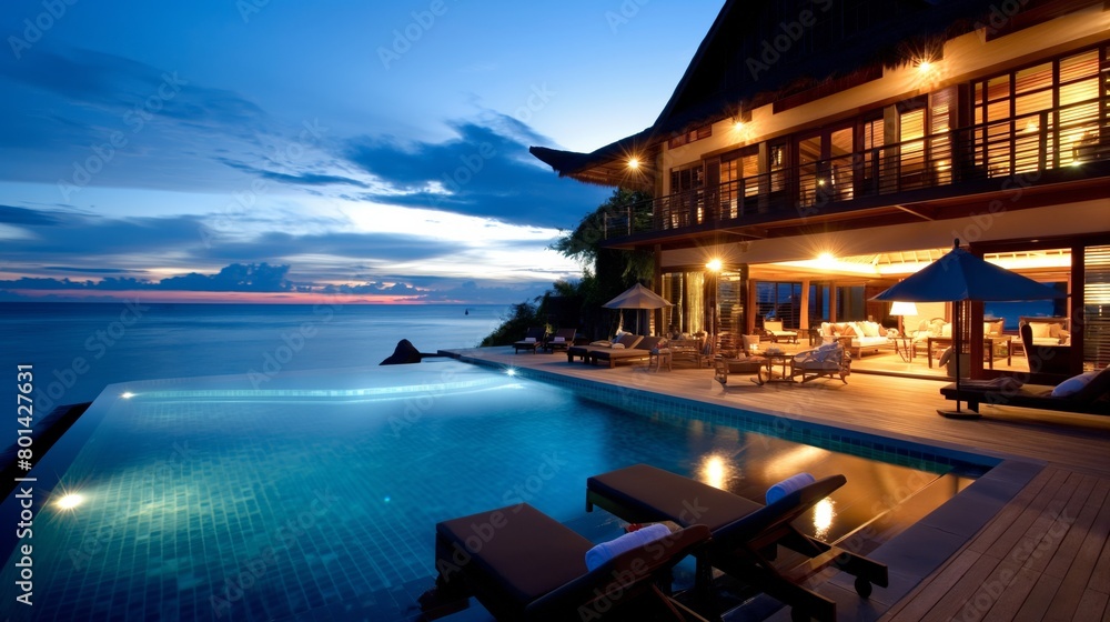Fototapeta premium A luxurious tropical resort nestled in a lush green landscape, with multiple villas and pools. An aerial shot embodying travel and vacation. Suitable for design for print, poster, and banner