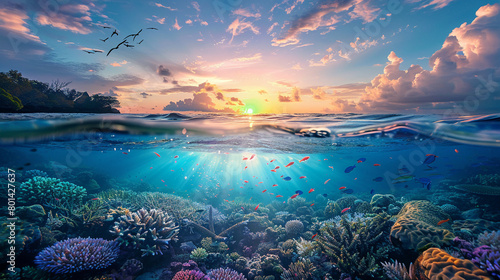 Clear blue underwater with colorful reef below  sunset sky with birds above  warm tones  horizon line view