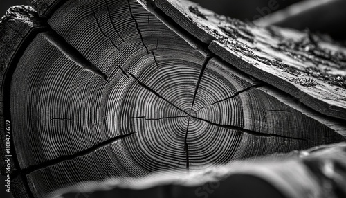 old wooden tree cut surface detailed black and white texture of a felled tree trunk or stump rough organic tree rings with close up of end grain photo