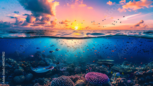 Clear blue underwater with colorful reef below, sunset sky with birds above, warm tones, horizon line view © elbanco