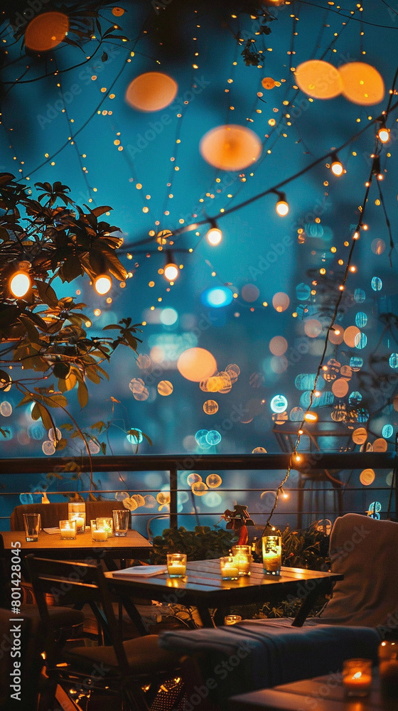 Fairytale garden at night with bokeh lights and warm candle lights Fairytale garden at night with bokeh lights and warm candle lights