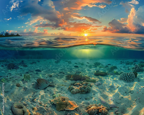 Crystal-clear underwater scene, sandy bottom below, vibrant sunset and cloud sky above, tranquil, split view