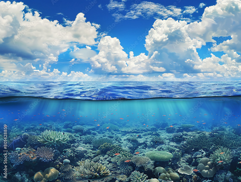 Split view of a clear blue sky and a vivid underwater coral reef bustling with marine life.
