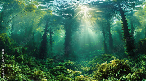 Underwater kelp forest below  dense pine forest above  morning light  seamless transition  panoramic view