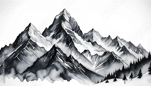 watercolour black and white mountains in winter with white background