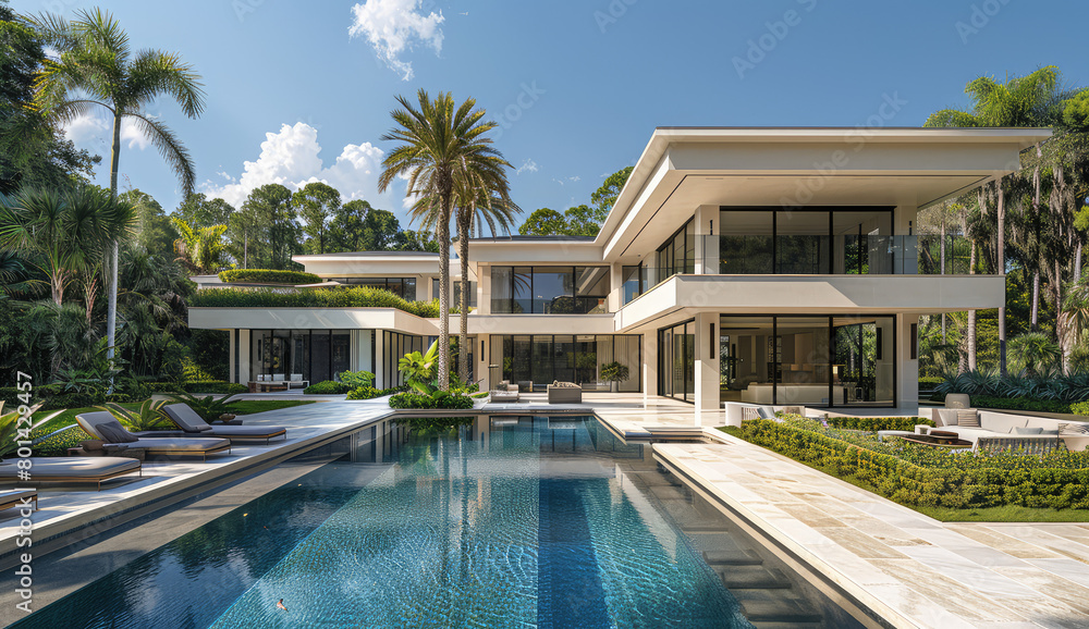 Modern two-story villa with swimming pool, front view, tropical plants in the yard, high definition photography style, architectural exterior design rendering. Created with Ai