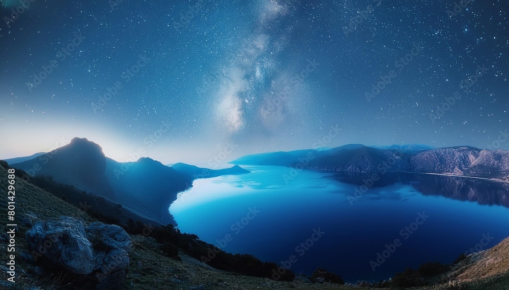 the landscape resembled a planet with a vast sky full of shining stars the atmosphere was a mix of electric blue and darkness reflecting off the aqua waters below