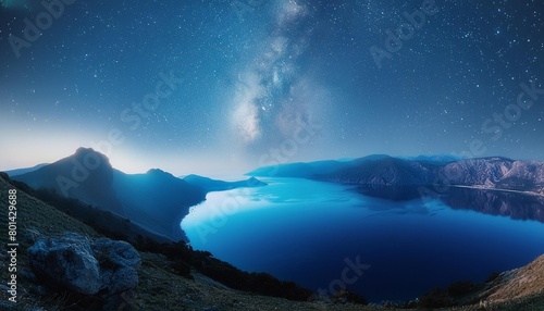 the landscape resembled a planet with a vast sky full of shining stars the atmosphere was a mix of electric blue and darkness reflecting off the aqua waters below