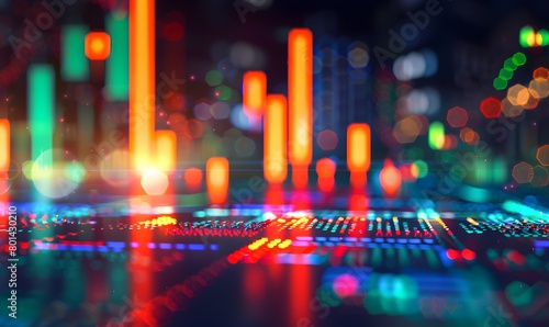 A stock market candlestick chart background with multiple candles and green, red, orange bar lines representing rising or fallingvaident
