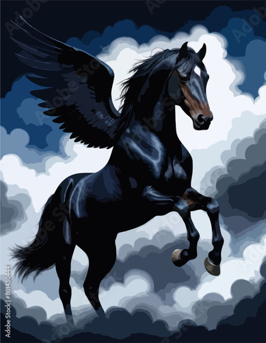 High Detailed Full Color Vector - Image of the magnificent Greek mythological divine winged horse Pegasus flying in the clouds