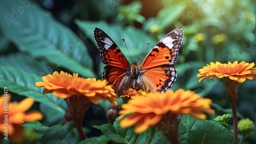 a butterfly on a flower in close-up. A gorgeous creature in its natural environment, a huge butterfly perched atop verdant leaves. Banner, artwork for notebooks and albums 
