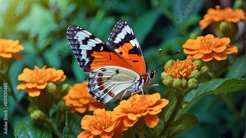 a butterfly on a flower in close-up. A gorgeous creature in its natural environment  a huge butterfly perched atop verdant leaves. Banner  artwork for notebooks and albums 