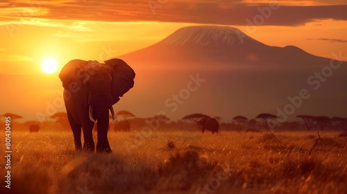 elephant kilimanjaro backdrop, wildlife safari photo, african Elephant calf, sunset nature scene, tanzania wildlife, kilimanjaro sunset, majestic elephant photography, animal family bond 