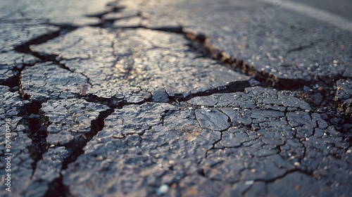 Macro photo of cracked and split asphalt road