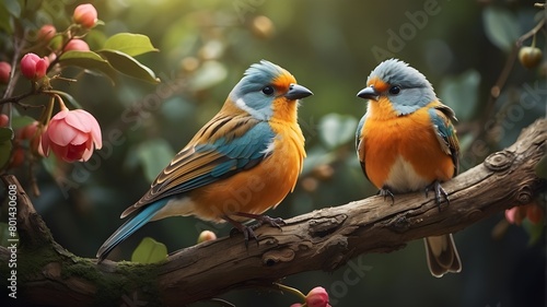 The beautiful pair of the bird sitting on the branch real photo 