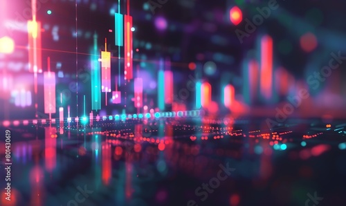 A stock market candlestick chart background with multiple candles and green  red  orange bar lines representing rising or fallingvaident