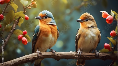 The beautiful pair of the bird sitting on the branch real photo 
