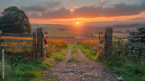 A photo of an open gate leading to a sunrise in rural Yorkshire, with wet and muddy roads. Created with Ai