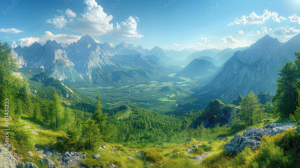 A breathtaking view of the majestic mountains, lush green forests, and vibrant blue sky with fluffy white clouds. Created with Ai