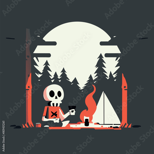 p2 skeletons sitting in a forest at night with just a campfire to light them, vector illustration photo