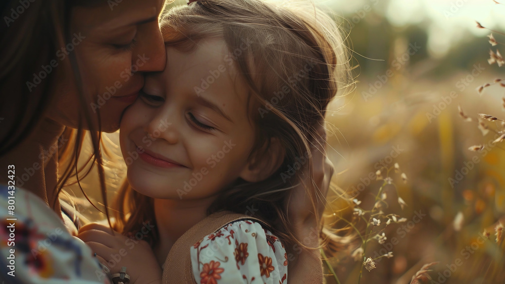 Happy Mom Kissing Forehead Of Little Girl Child Hugging And Kissing