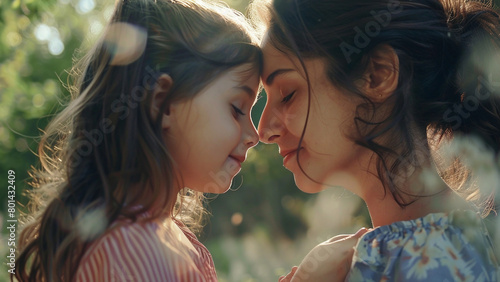 Tender moment between mom and little girl child, touching with foreheads and noses with happy face expressions while smiling, Closed eyes, Sideview photo