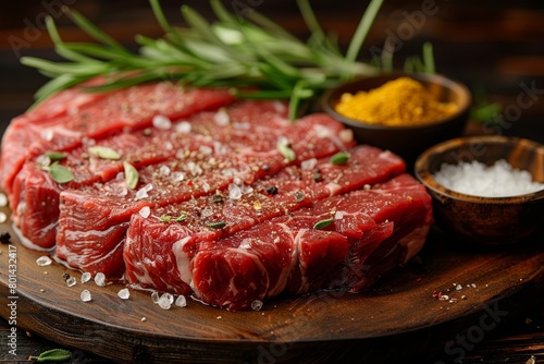 Close-up of seasoned ribeye steak on dark wooden background