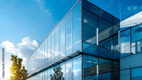 Sustainable design of an eco-friendly glass office building aimed at reducing carbon footprint. Concept Eco-Friendly Construction  Sustainable Materials  Carbon Footprint Reduction