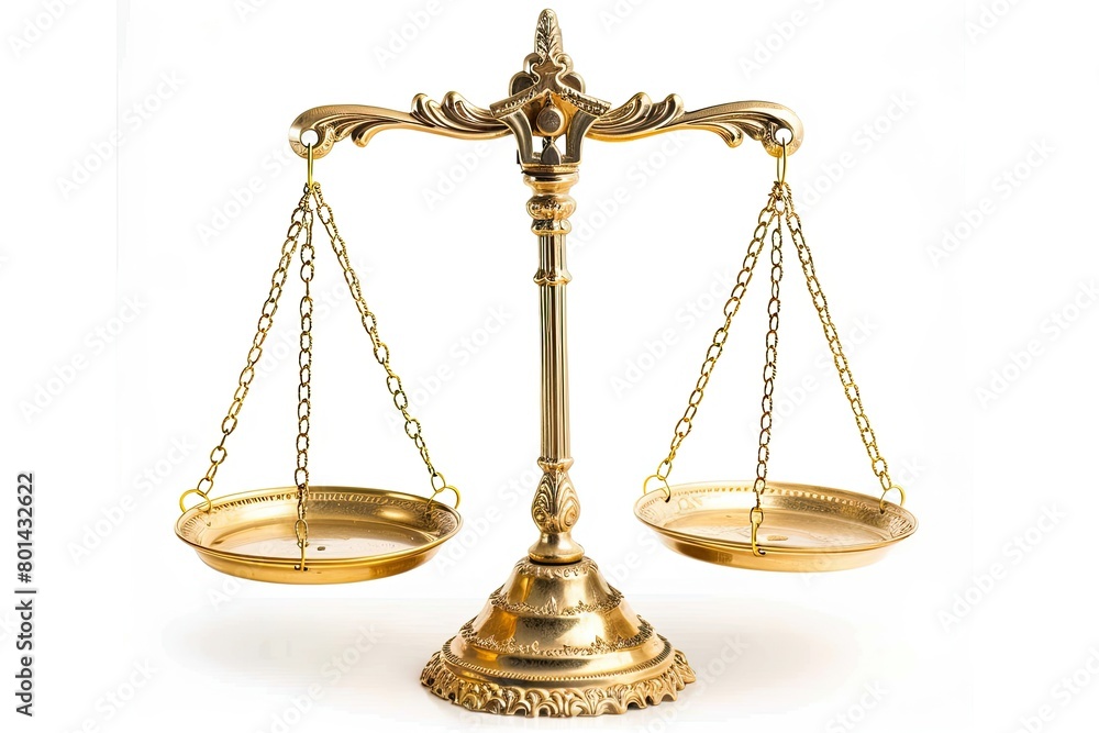 Gold brass balance scale isolated on white background
