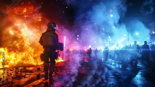 Protesters causing destruction and rioting in the streets with police facing off against angry crowds. Concept Civil Unrest, Political Demonstrations, Law Enforcement Responses