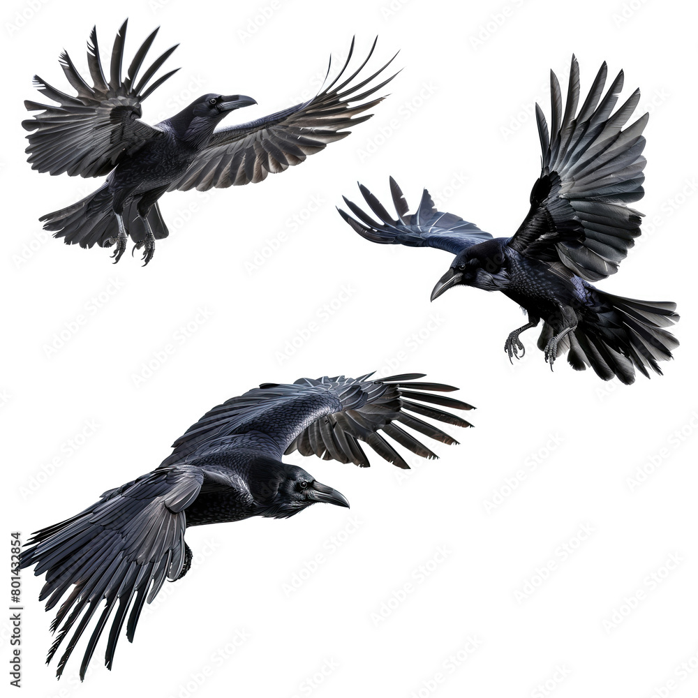 Fototapeta premium Set of Raven Corvus corax flying, isolated on white background
