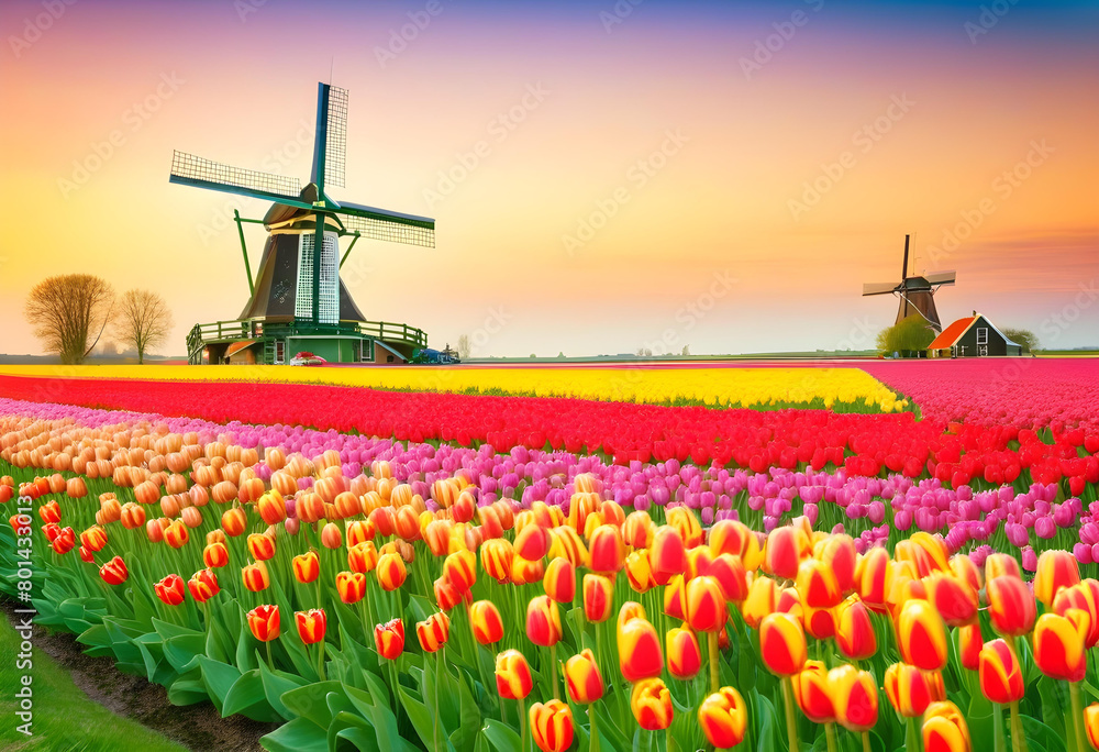 A traditional Dutch windmill surrounded by vibrant tulips in a garden