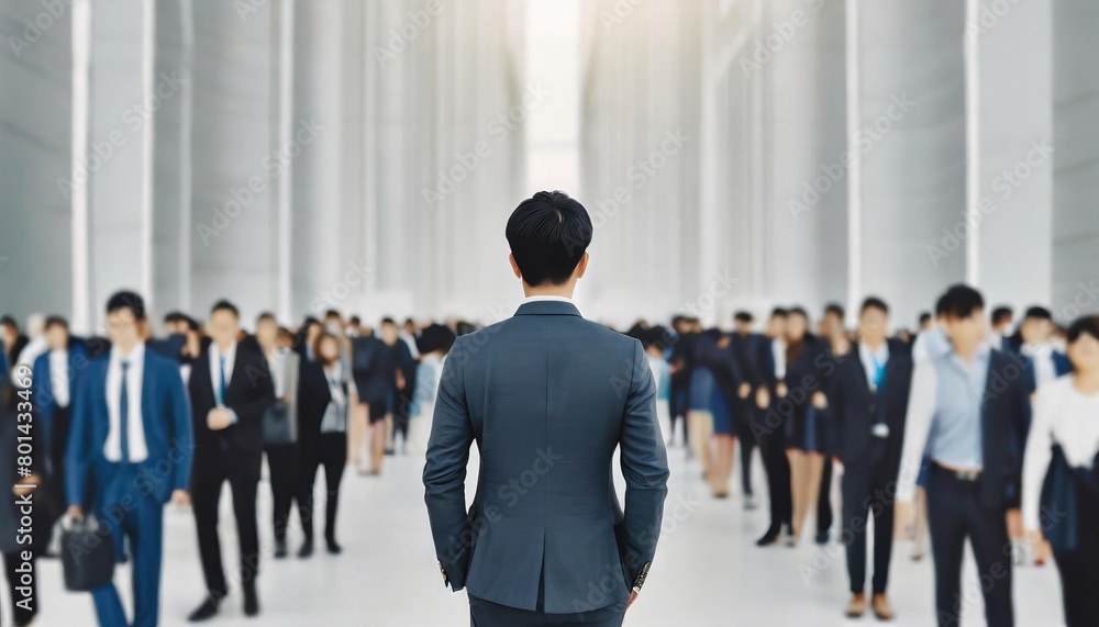 Fototapeta premium Back view of a businessman standing in front of a crowd of people