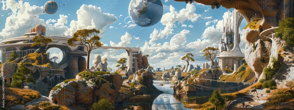 Obraz premium A hyper-realistic painting of a surreal landscape merging elements of nature with urban architecture.