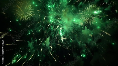  A grand fireworks display lighting up the night sky with bursts of green and white, painting a beautiful mosaic of colors in celebration of freedom 