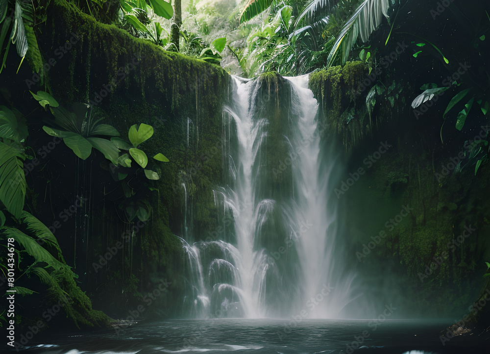 Forest waterfall, green forest, with lush greenery, generative ai Forest waterfall, green forest, with lush greenery, generative ai
