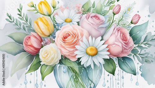 A watercolor painting of a bouquet of roses, tulips, and daisies in a glass vase, with soft and pastel colors, and drops of water to create a fresh and realistic style