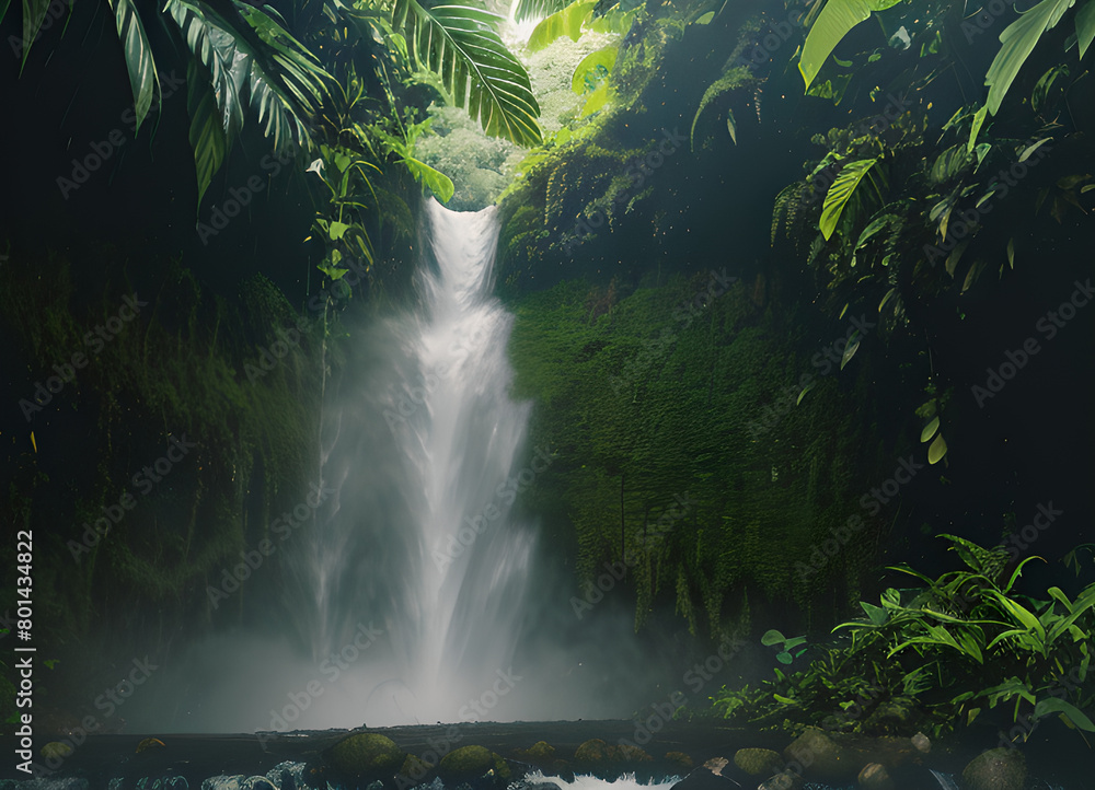 Forest waterfall, green forest, with lush greenery, generative ai Forest waterfall, green forest, with lush greenery, generative ai