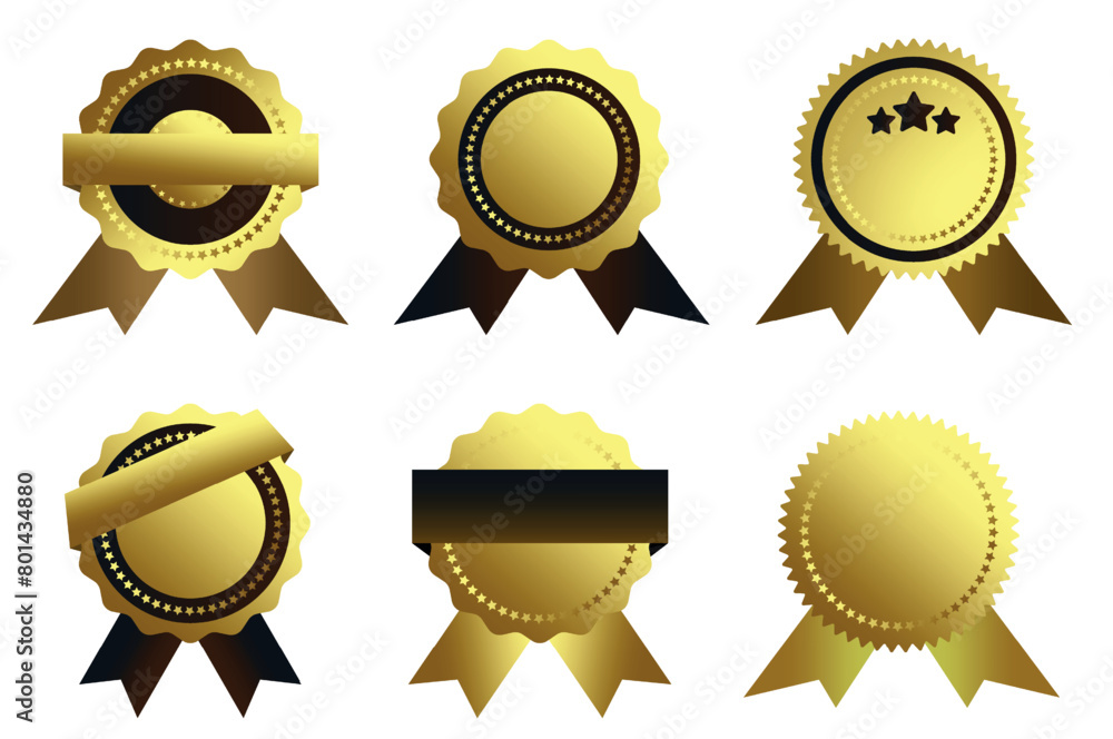 The picture shows a collection of glossy emblems and signs that symbolize the highest quality and premium products. Each sign has a golden hue and a solid gold tin finish, emphasizing their luxury.