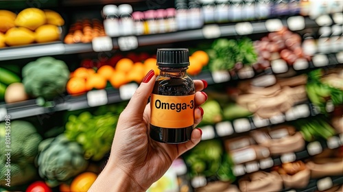 Omega-3 capsules lie in white bottle. Biologically active additives. omega 6, omega 9, vitamin A, E, D, vitamin D3 photo