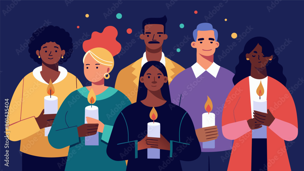 A group of people holding candles and singing in memory of Civil Rights activists who passed away during a Juneteenth vigil to honor their sacrifices. Vector illustration A group of people holding candles and singing in memory of Civil Rights activists who passed away during a Juneteenth vigil to honor their sacrifices. Vector illustration